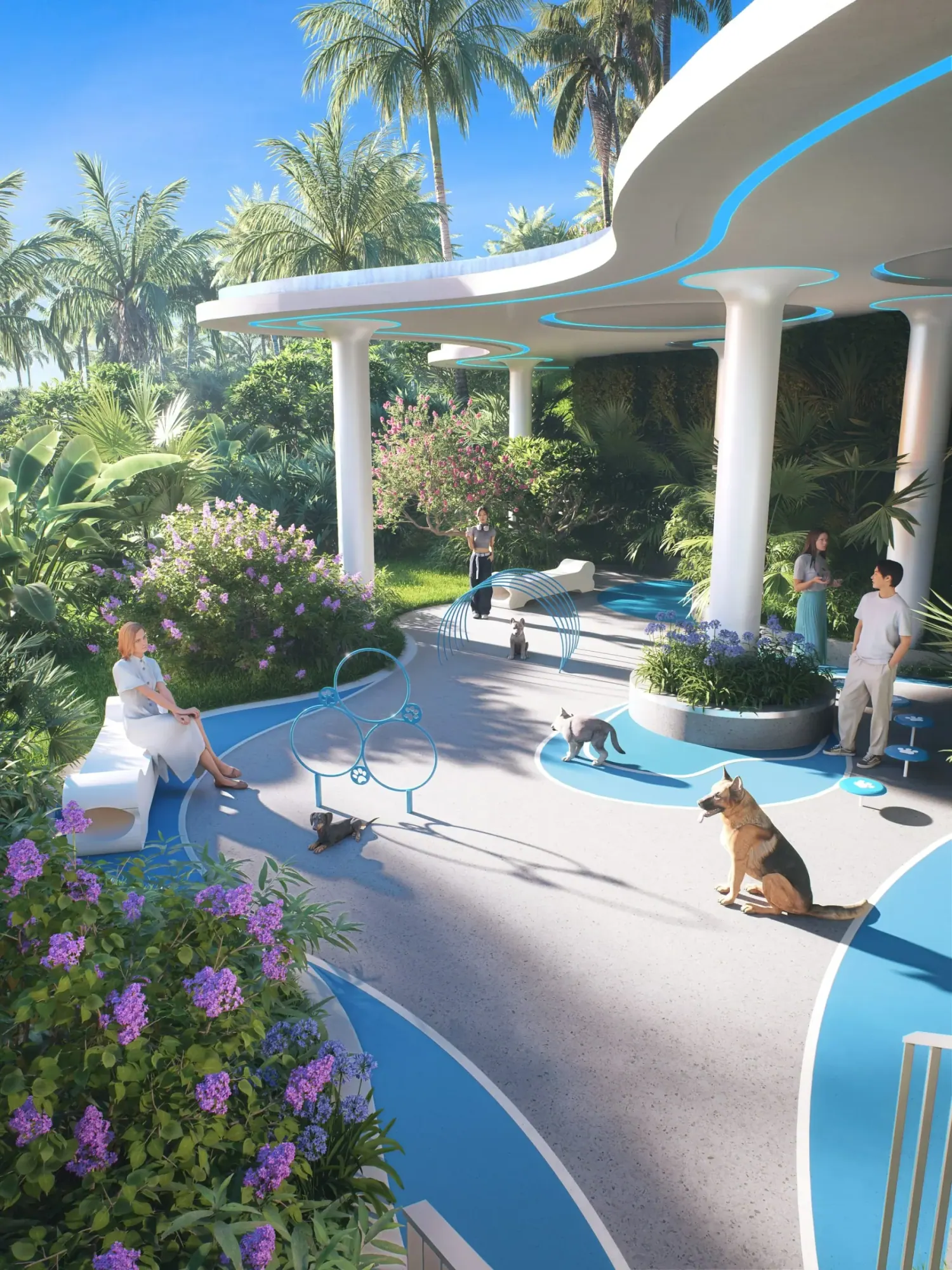 AYANA Heights outdoor garden concept with dogs and pet agility features, architectural rendering