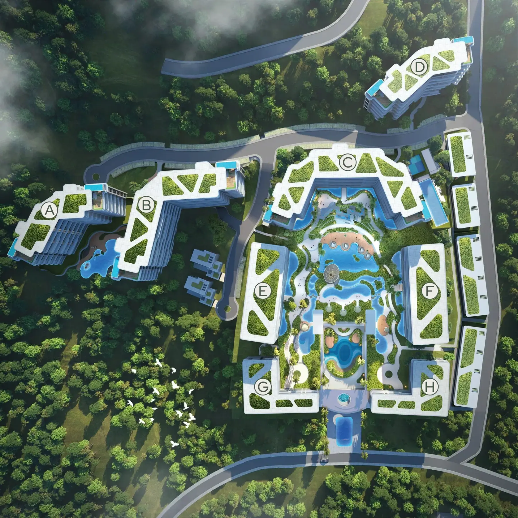 AYANA Heights official masterplan identifying residential buildings A to H and the central pool gardens