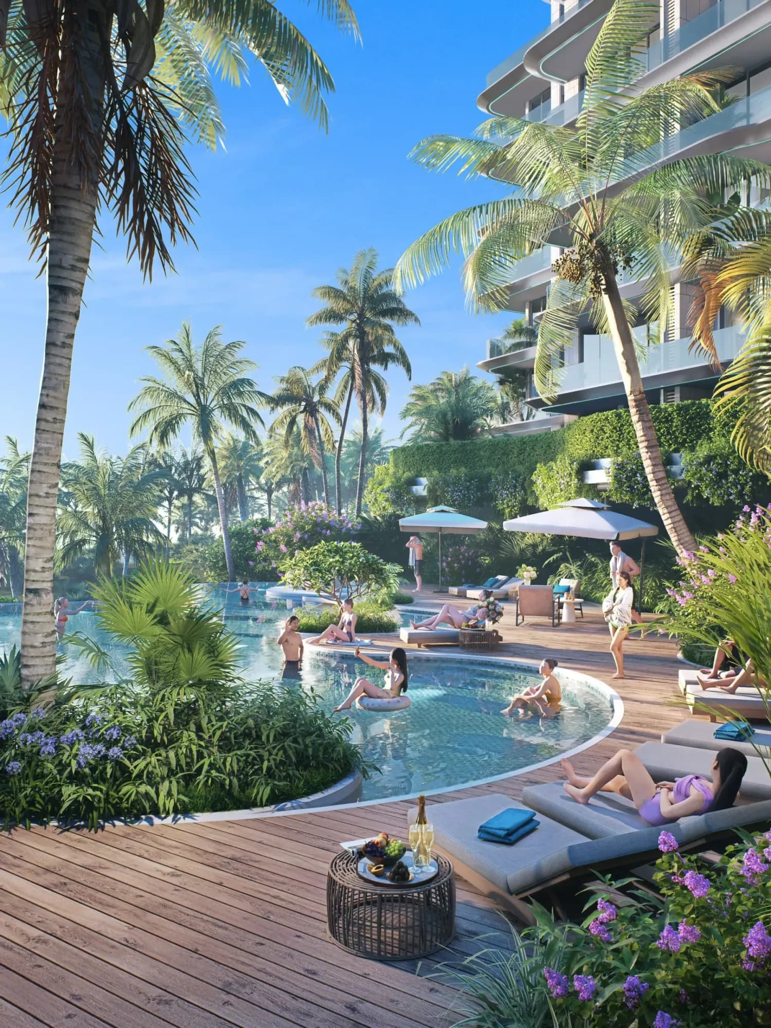 Garden pool and landscaped poolside deck at AYANA Heights, architectural rendering
