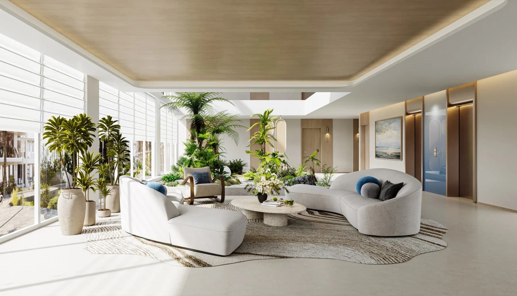 AYANA Heights lobby lounge with curved seating and indoor planting, architectural rendering