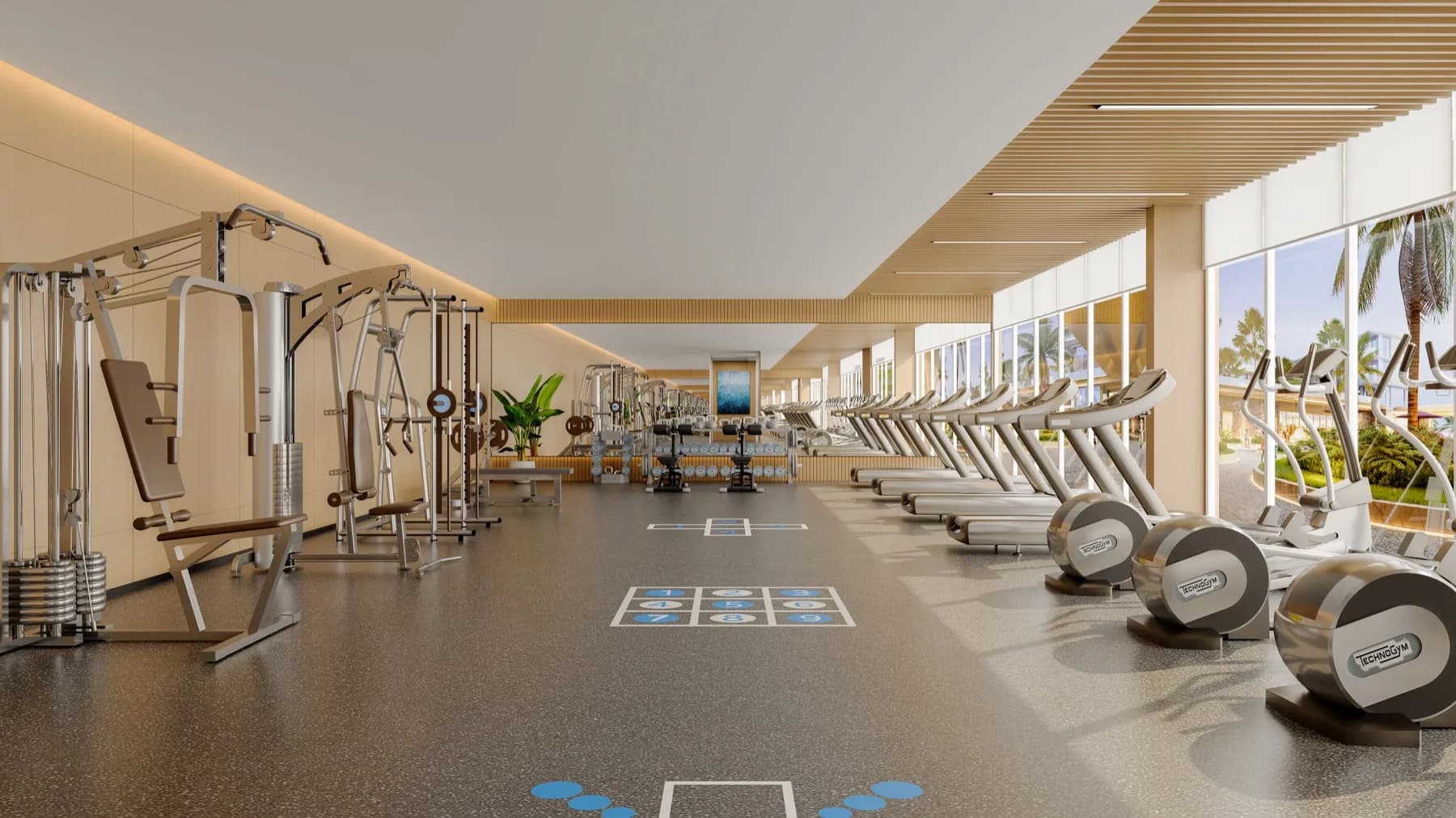 Planned AYANA Heights fitness room with exercise machines and broad windows, architectural rendering