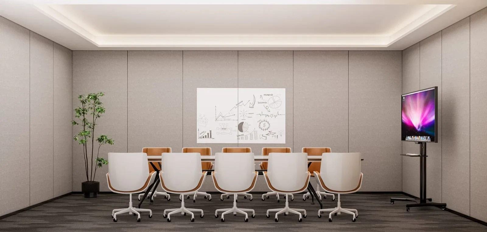 AYANA Heights meeting room with a conference table and presentation screen, architectural rendering